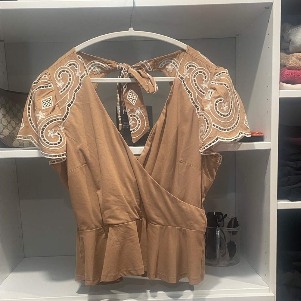 Embroidered Tan Wrap Top